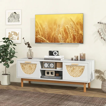 Mid Century Modern TV Stand Entertainment Center for 55-Inch TV with 2 Drawers and Bamboo Woven Fronts-White - White