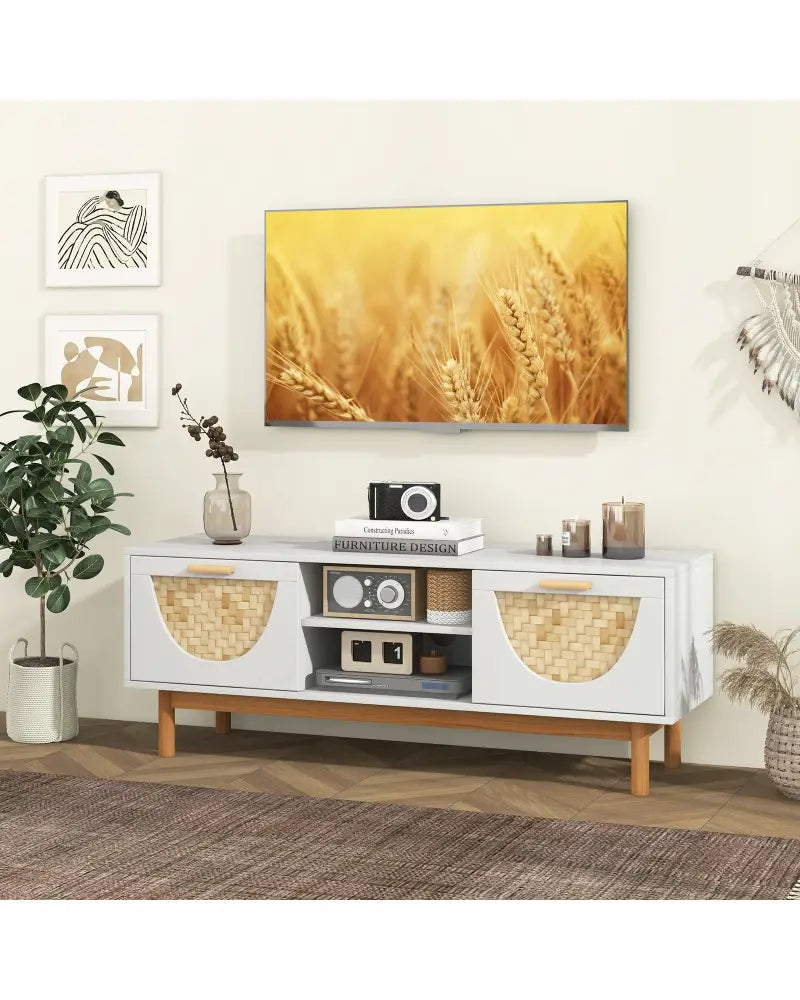 Mid Century Modern TV Stand Entertainment Center for 55-Inch TV with 2 Drawers and Bamboo Woven Fronts-White - White