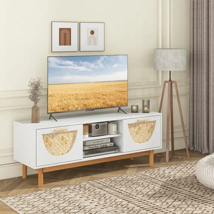 Mid Century Modern TV Stand Entertainment Center for 55-Inch TV with 2 Drawers and Bamboo Woven Fronts-White - White