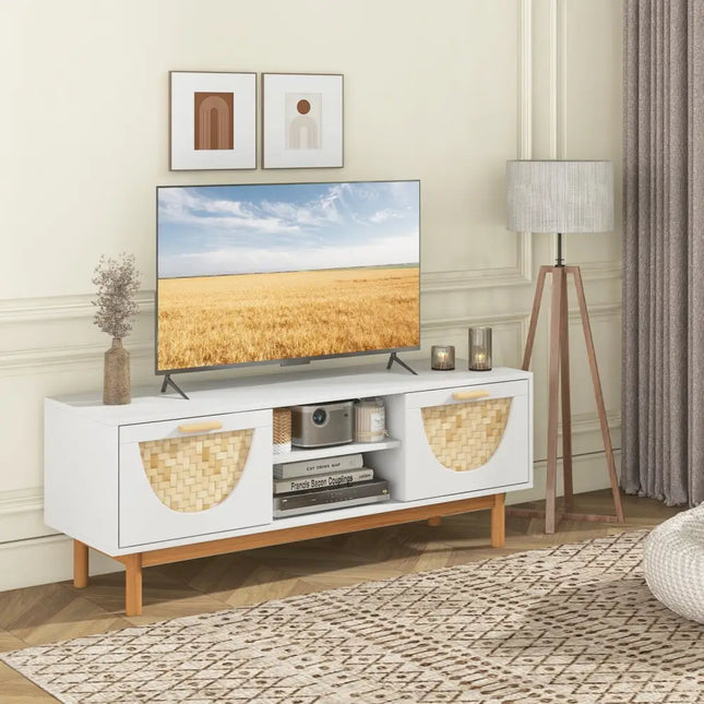 Mid Century Modern TV Stand Entertainment Center for 55-Inch TV with 2 Drawers and Bamboo Woven Fronts-White - White