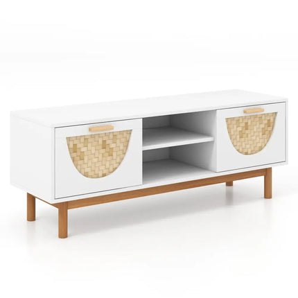 Mid Century Modern TV Stand Entertainment Center for 55-Inch TV with 2 Drawers and Bamboo Woven Fronts-White - White