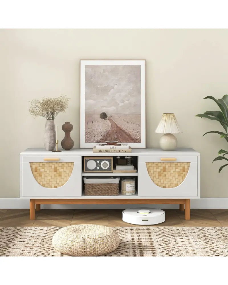 Mid Century Modern TV Stand Entertainment Center for 55-Inch TV with 2 Drawers and Bamboo Woven Fronts-White - White