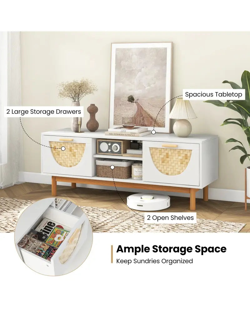 Mid Century Modern TV Stand Entertainment Center for 55-Inch TV with 2 Drawers and Bamboo Woven Fronts-White - White