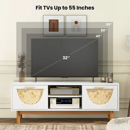 Mid Century Modern TV Stand Entertainment Center for 55-Inch TV with 2 Drawers and Bamboo Woven Fronts-White - White