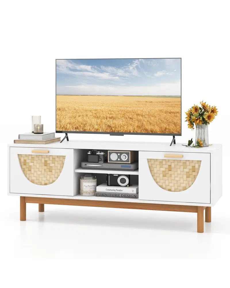 Mid Century Modern TV Stand Entertainment Center for 55-Inch TV with 2 Drawers and Bamboo Woven Fronts-White - White