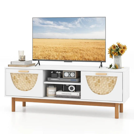 Mid Century Modern TV Stand Entertainment Center for 55-Inch TV with 2 Drawers and Bamboo Woven Fronts-White - White