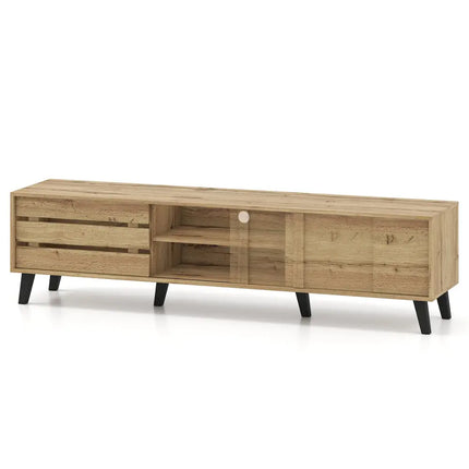 Mid Century Modern TV Stand for 80 Inch TVs with Sliding Door Cabinets and Storage Shelves-Oak - Oak - Entertainment
