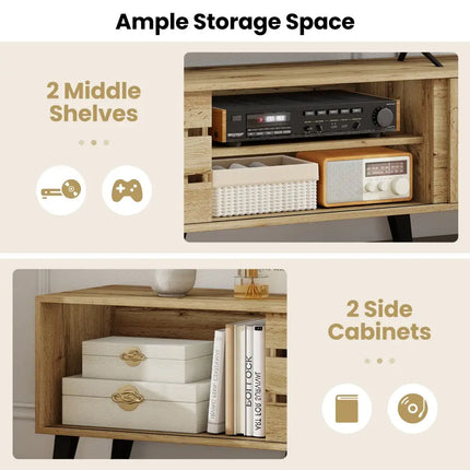Mid Century Modern TV Stand for 80 Inch TVs with Sliding Door Cabinets and Storage Shelves-Oak - Oak - Entertainment