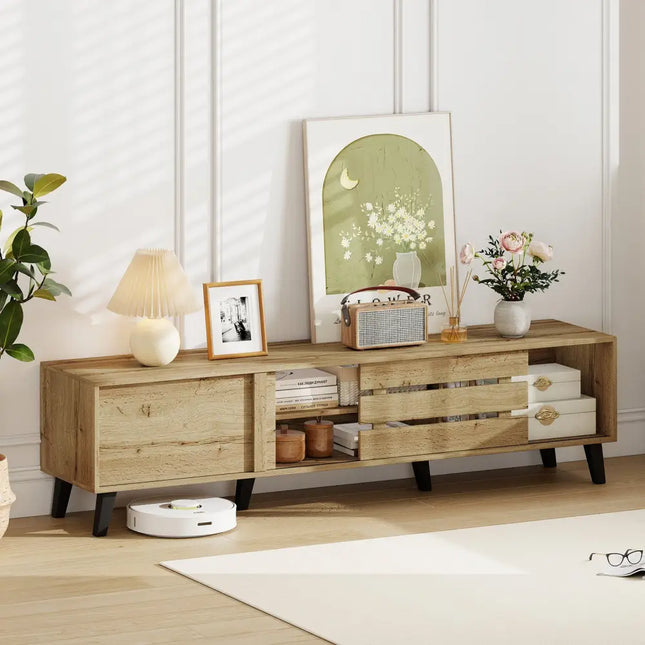Mid Century Modern TV Stand for 80 Inch TVs with Sliding Door Cabinets and Storage Shelves-Oak - Oak - Entertainment