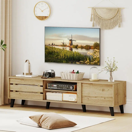 Mid Century Modern TV Stand for 80 Inch TVs with Sliding Door Cabinets and Storage Shelves-Oak - Oak - Entertainment