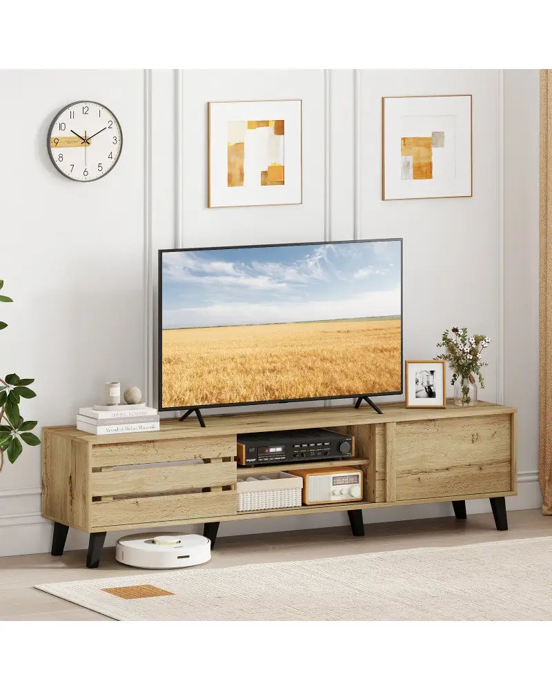 Mid Century Modern TV Stand for 80 Inch TVs with Sliding Door Cabinets and Storage Shelves-Oak - Oak - Entertainment