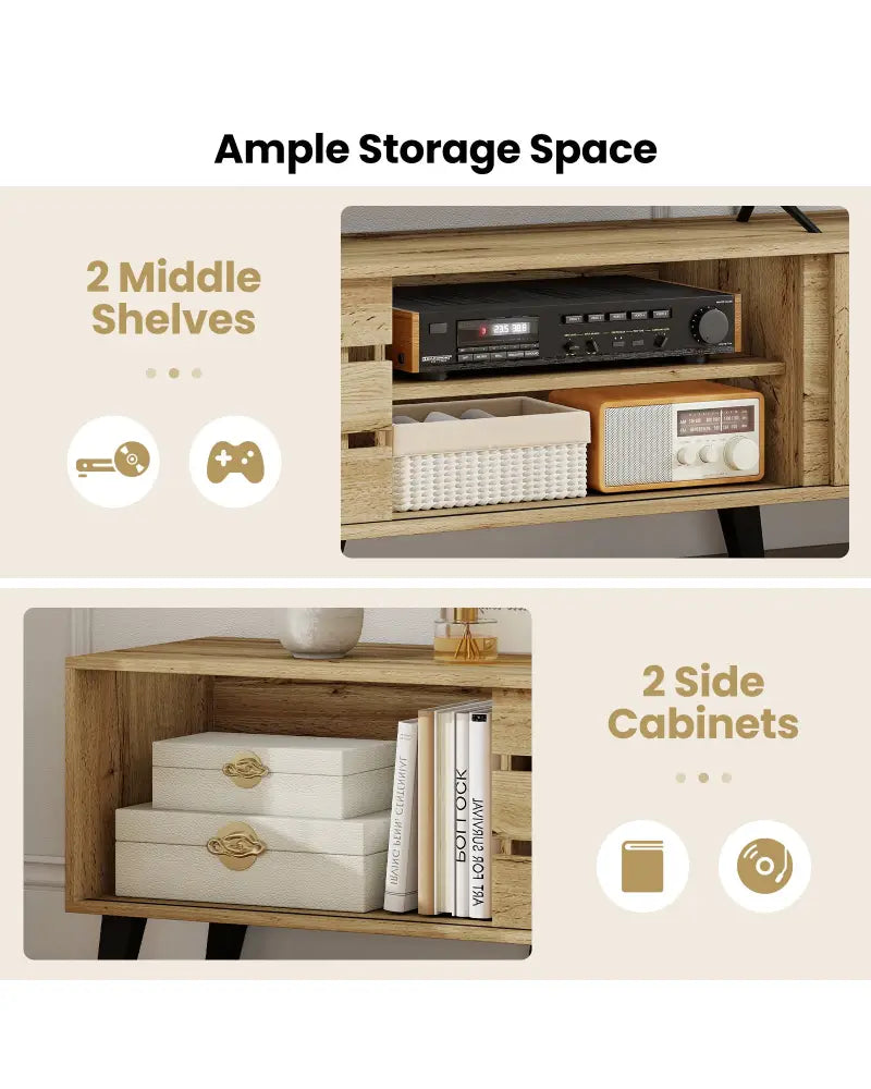 Mid Century Modern TV Stand for 80 Inch TVs with Sliding Door Cabinets and Storage Shelves-Oak - Oak - Entertainment
