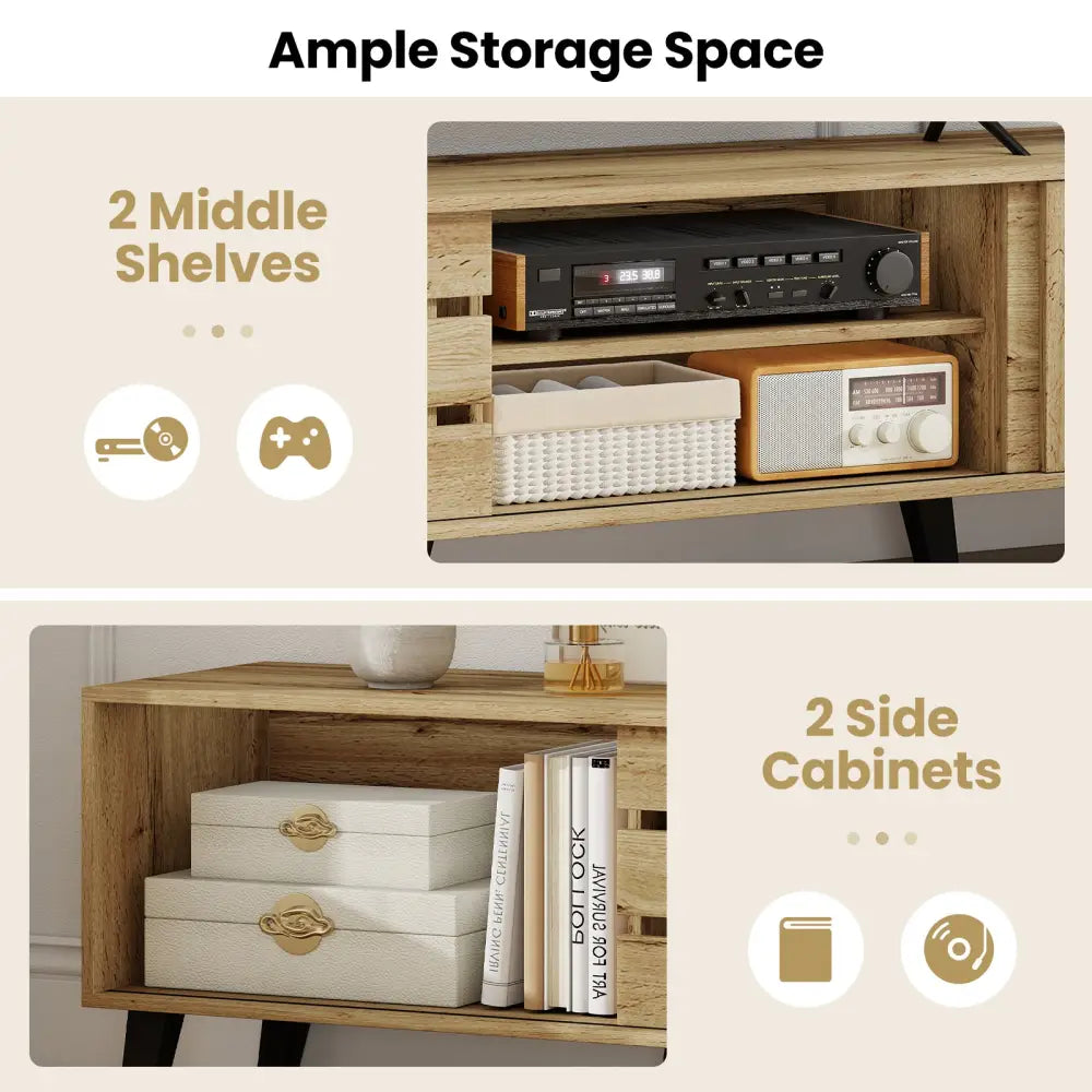 Mid Century Modern TV Stand for 80 Inch TVs with Sliding Door Cabinets and Storage Shelves-Oak - Oak - Entertainment