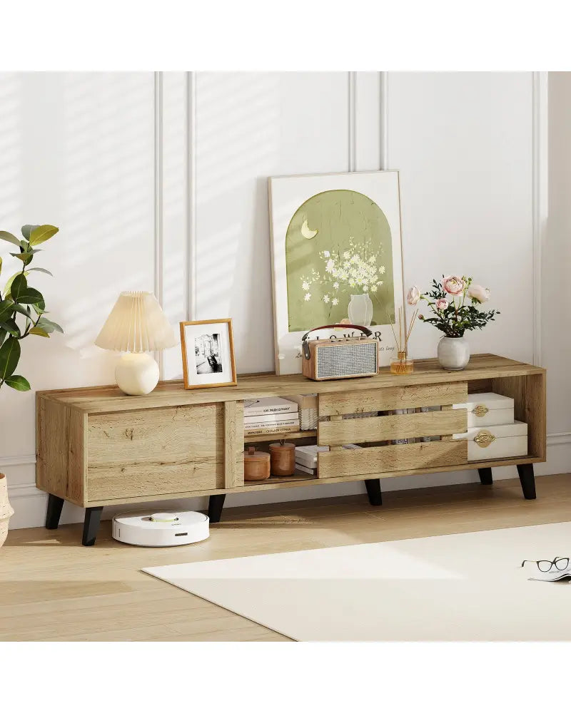 Mid Century Modern TV Stand for 80 Inch TVs with Sliding Door Cabinets and Storage Shelves-Oak - Oak - Entertainment