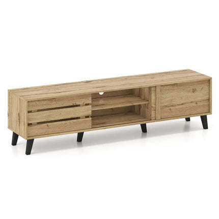 Mid Century Modern TV Stand for 80 Inch TVs with Sliding Door Cabinets and Storage Shelves-Oak - Oak - Entertainment