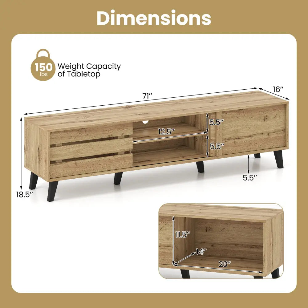 Mid Century Modern TV Stand for 80 Inch TVs with Sliding Door Cabinets and Storage Shelves-Oak - Oak - Entertainment