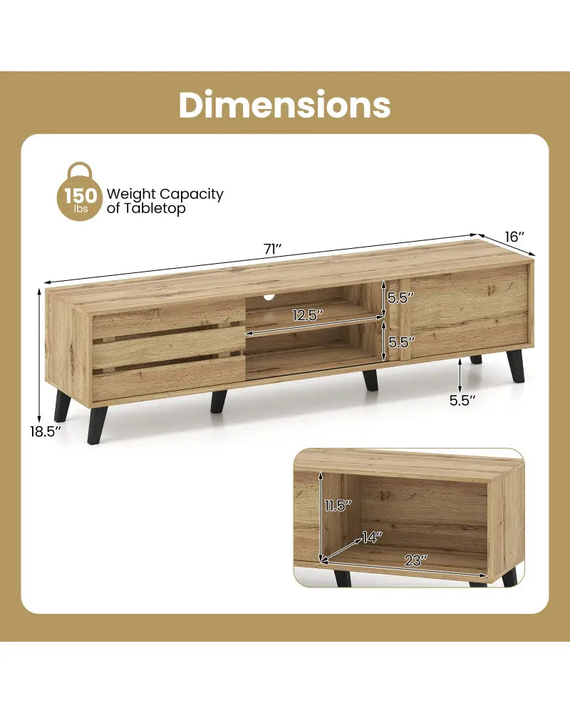 Mid Century Modern TV Stand for 80 Inch TVs with Sliding Door Cabinets and Storage Shelves-Oak - Oak - Entertainment