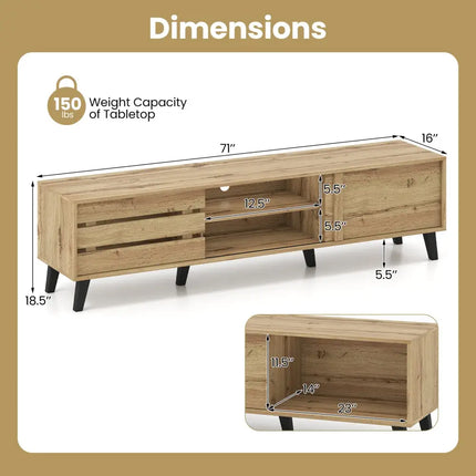 Mid Century Modern TV Stand for 80 Inch TVs with Sliding Door Cabinets and Storage Shelves-Oak - Oak - Entertainment
