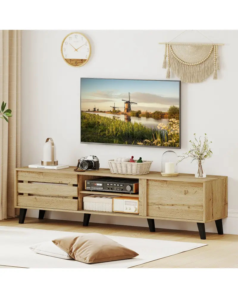 Mid Century Modern TV Stand for 80 Inch TVs with Sliding Door Cabinets and Storage Shelves-Oak - Oak - Entertainment