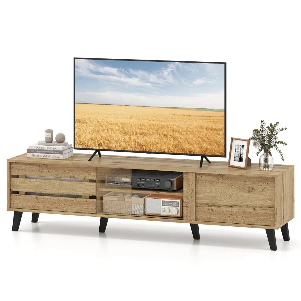 Mid Century Modern TV Stand for 80 Inch TVs with Sliding Door Cabinets and Storage Shelves-Oak - Oak - Entertainment