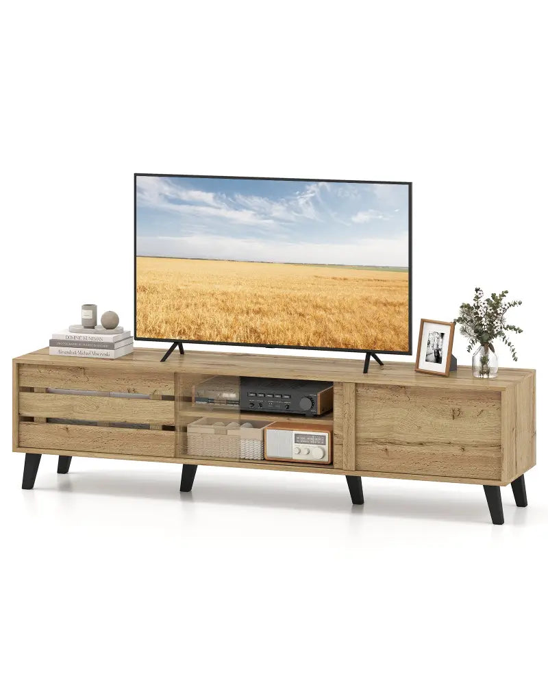 Mid Century Modern TV Stand for 80 Inch TVs with Sliding Door Cabinets and Storage Shelves-Oak - Oak - Entertainment