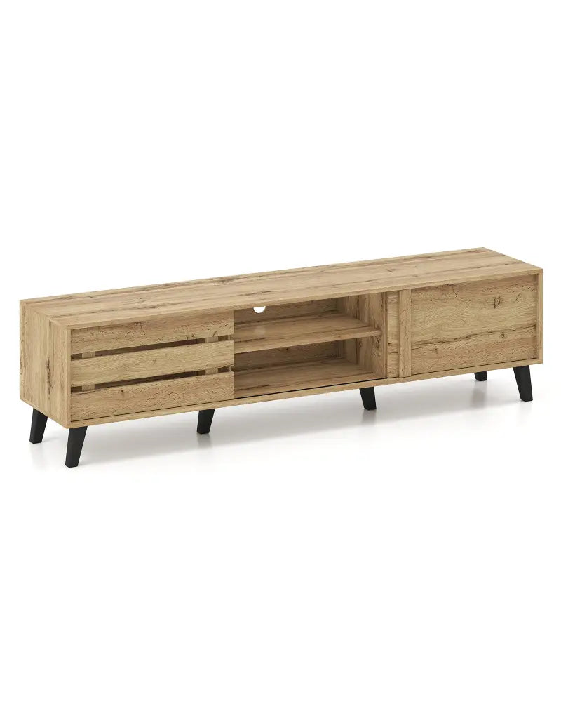Mid Century Modern TV Stand for 80 Inch TVs with Sliding Door Cabinets and Storage Shelves-Oak - Oak - Entertainment