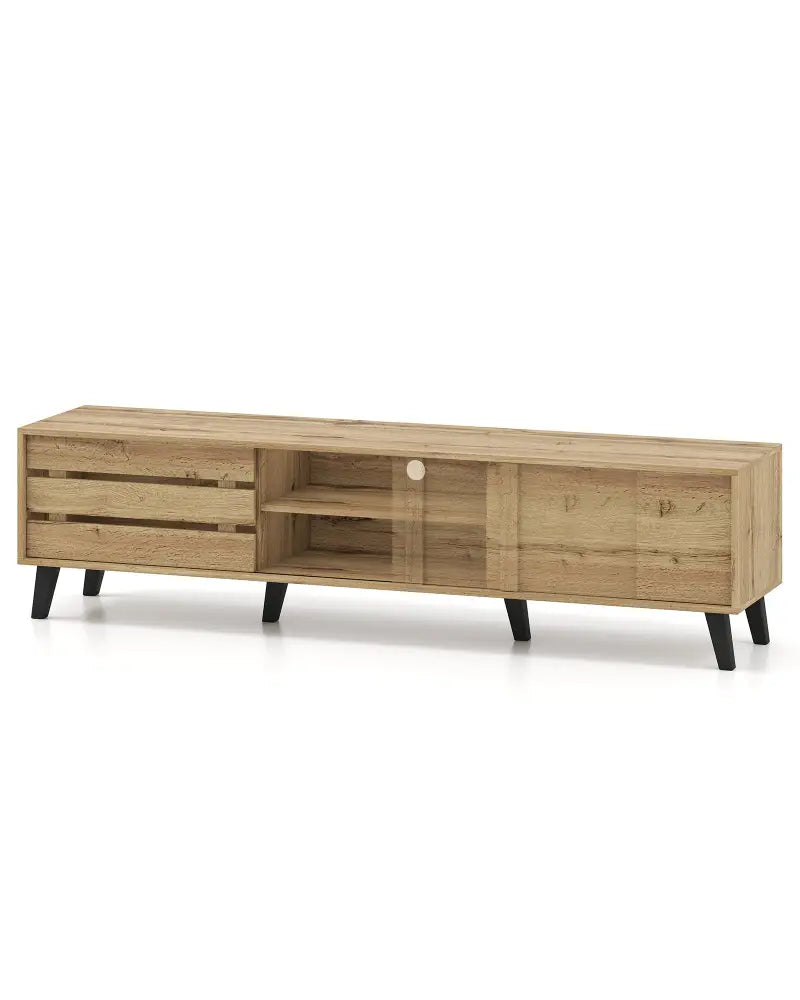 Mid Century Modern TV Stand for 80 Inch TVs with Sliding Door Cabinets and Storage Shelves-Oak - Oak - Entertainment