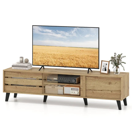 Mid Century Modern TV Stand for 80 Inch TVs with Sliding Door Cabinets and Storage Shelves-Oak - Oak - Entertainment