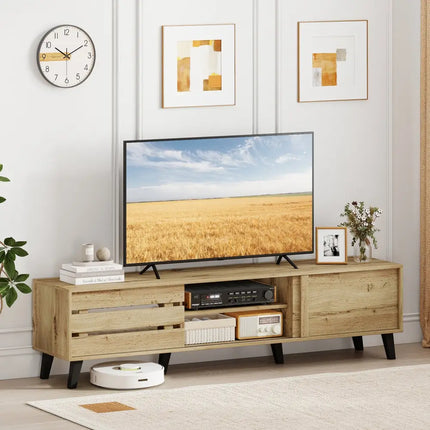 Mid Century Modern TV Stand for 80 Inch TVs with Sliding Door Cabinets and Storage Shelves-Oak - Oak - Entertainment