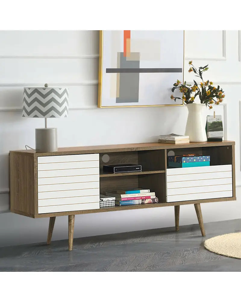 Mid-Century Modern TV Stand for TVs up to 65 Inch - Walnut & Gray - Entertainment Centers & TV Stands