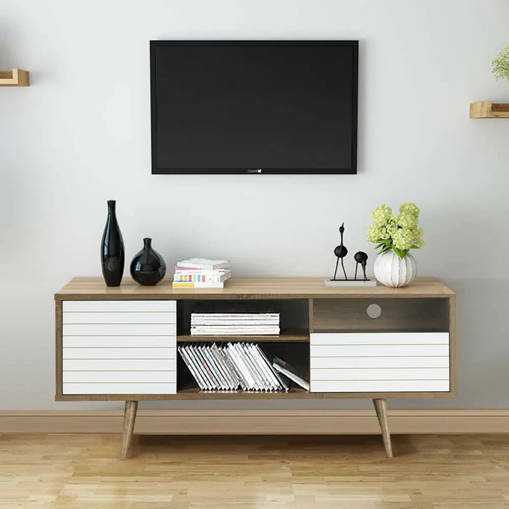 Mid-Century Modern TV Stand for TVs up to 65 Inch - Walnut & Gray - Entertainment Centers & TV Stands