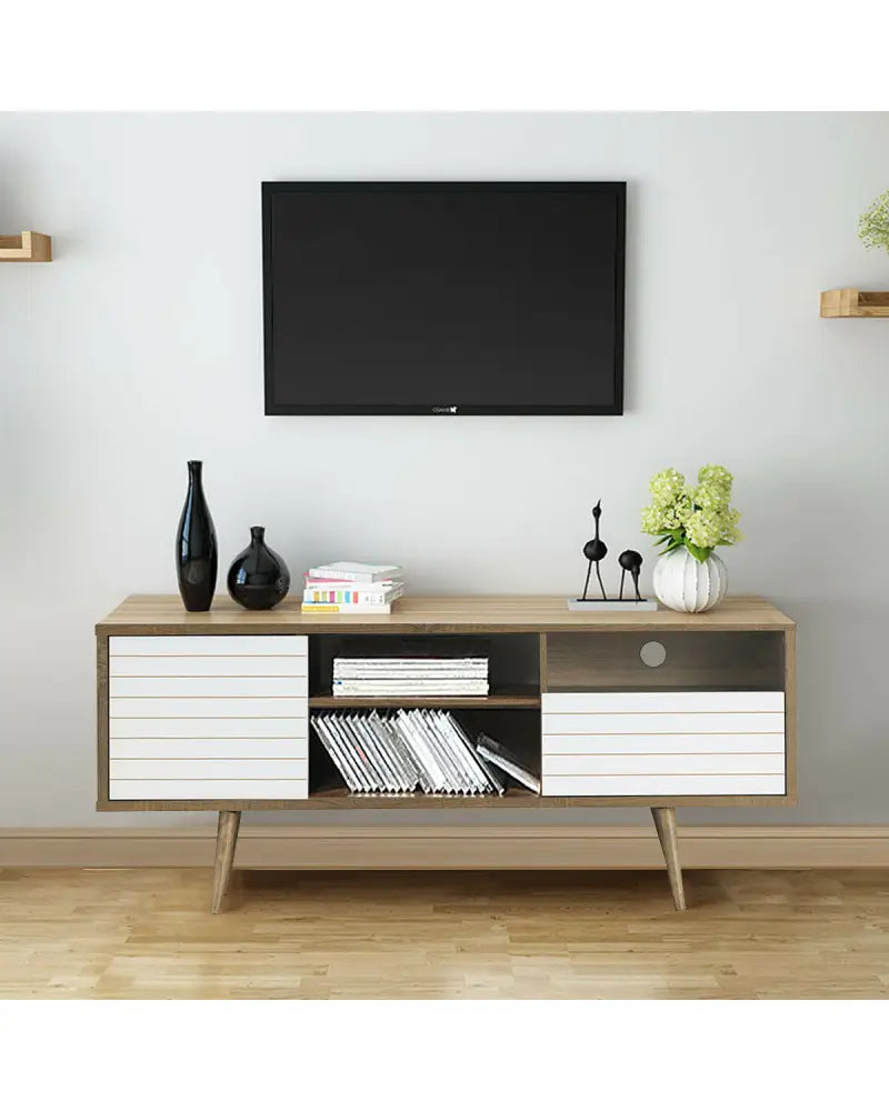 Mid-Century Modern TV Stand for TVs up to 65 Inch - Walnut & Gray - Entertainment Centers & TV Stands