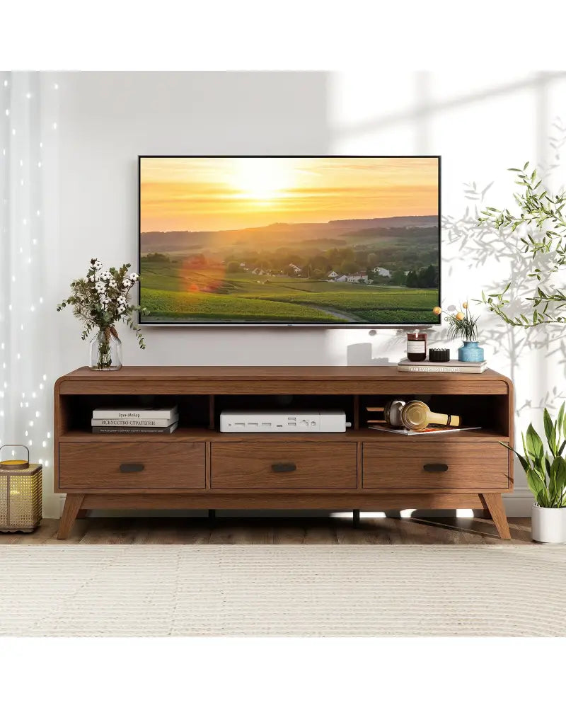 Mid Century Modern TV Stand for TVs up to 70’’ with 3 Storage Drawers and Open Shelves-Walnut - Walnut - Entertainment