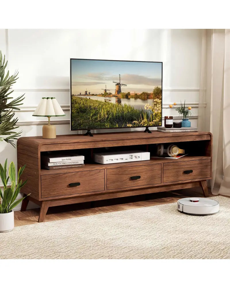 Mid Century Modern TV Stand for TVs up to 70’’ with 3 Storage Drawers and Open Shelves-Walnut - Walnut - Entertainment