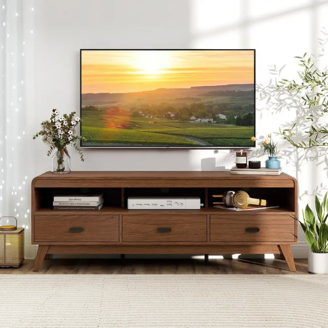 Mid Century Modern TV Stand for TVs up to 70’’ with 3 Storage Drawers and Open Shelves-Walnut - Walnut - Entertainment