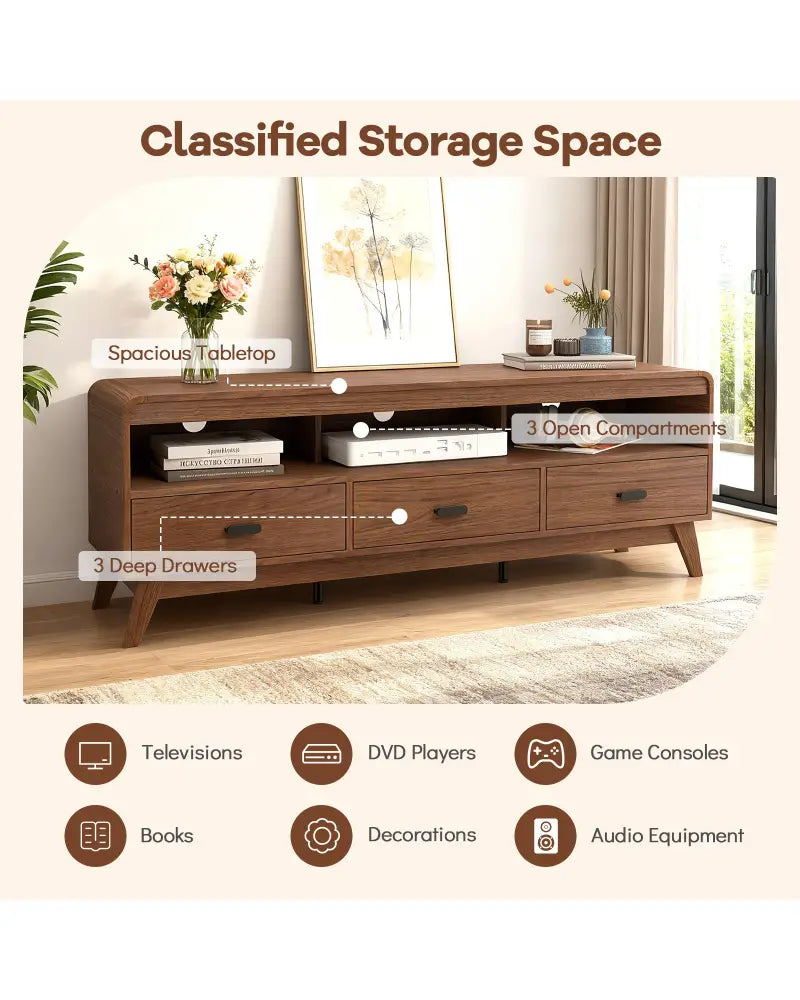 Mid Century Modern TV Stand for TVs up to 70’’ with 3 Storage Drawers and Open Shelves-Walnut - Walnut - Entertainment