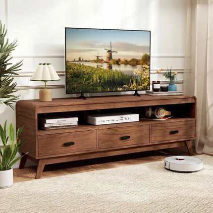 Mid Century Modern TV Stand for TVs up to 70’’ with 3 Storage Drawers and Open Shelves-Walnut - Walnut - Entertainment