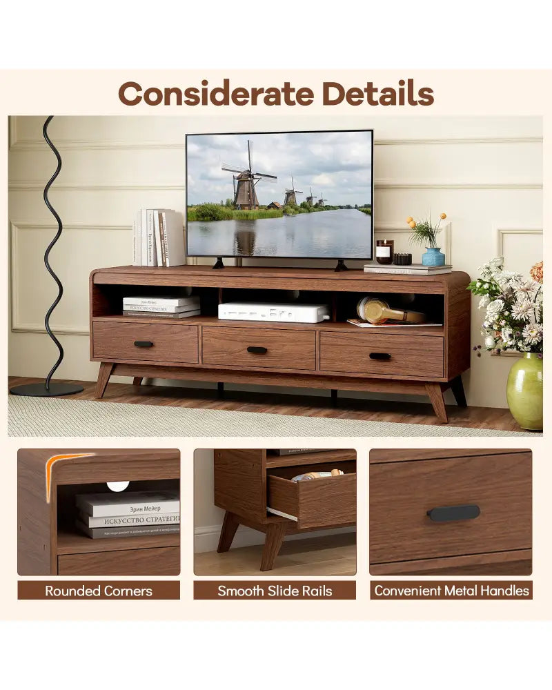 Mid Century Modern TV Stand for TVs up to 70’’ with 3 Storage Drawers and Open Shelves-Walnut - Walnut - Entertainment