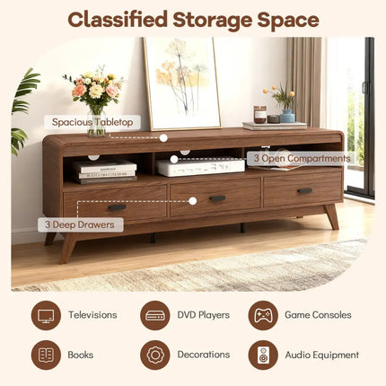 Mid Century Modern TV Stand for TVs up to 70’’ with 3 Storage Drawers and Open Shelves-Walnut - Walnut - Entertainment