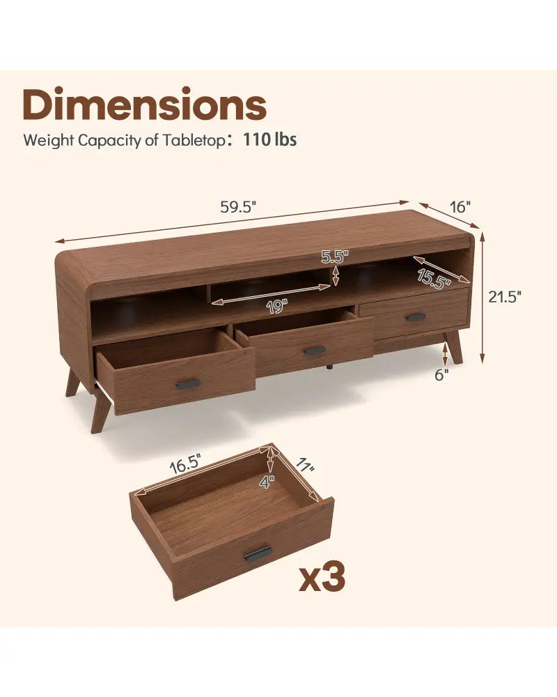 Mid Century Modern TV Stand for TVs up to 70’’ with 3 Storage Drawers and Open Shelves-Walnut - Walnut - Entertainment