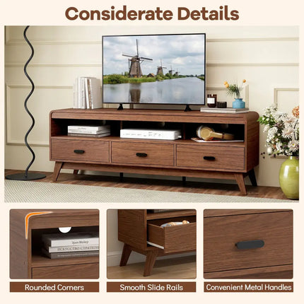 Mid Century Modern TV Stand for TVs up to 70’’ with 3 Storage Drawers and Open Shelves-Walnut - Walnut - Entertainment
