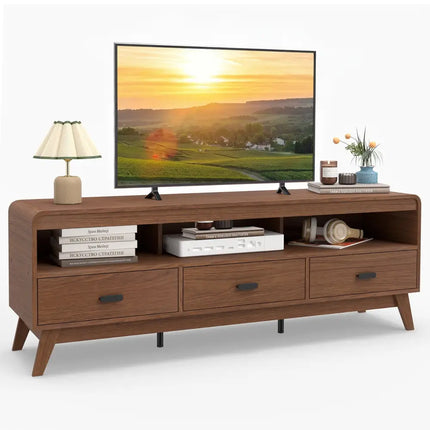 Mid Century Modern TV Stand for TVs up to 70’’ with 3 Storage Drawers and Open Shelves-Walnut - Walnut - Entertainment