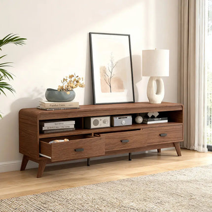 Mid Century Modern TV Stand for TVs up to 70’’ with 3 Storage Drawers and Open Shelves-Walnut - Walnut - Entertainment