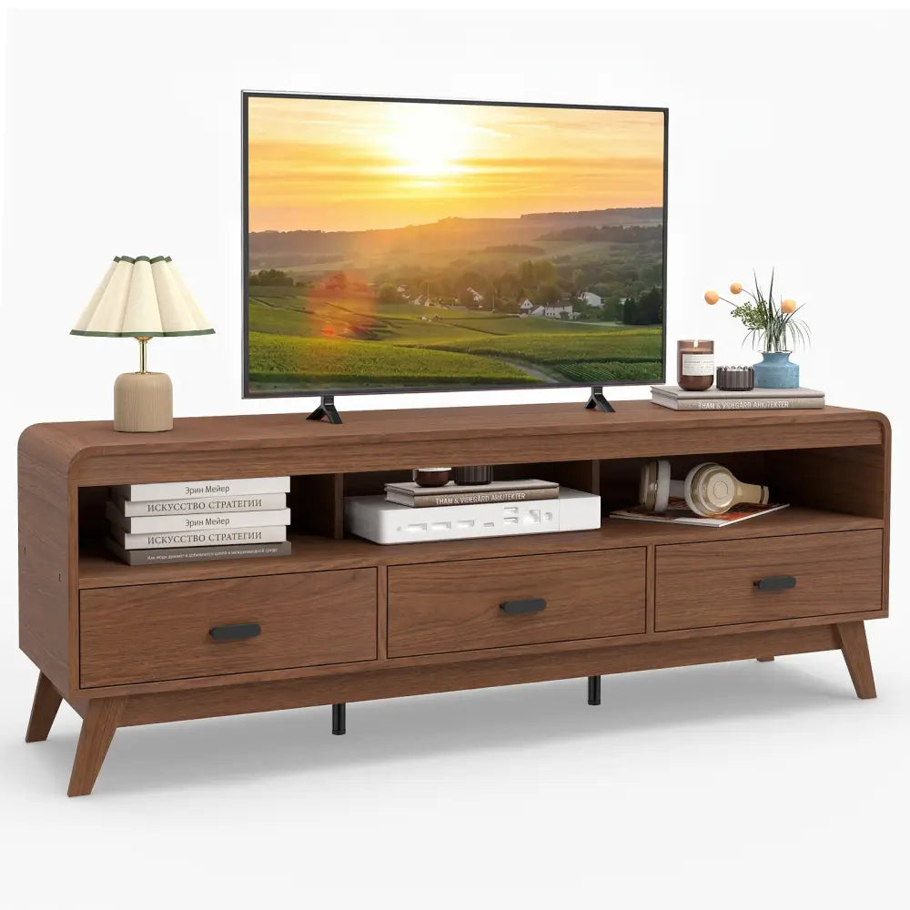 Mid Century Modern TV Stand for TVs up to 70’’ with 3 Storage Drawers and Open Shelves-Walnut - Walnut - Entertainment