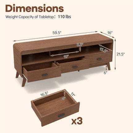 Mid Century Modern TV Stand for TVs up to 70’’ with 3 Storage Drawers and Open Shelves-Walnut - Walnut - Entertainment