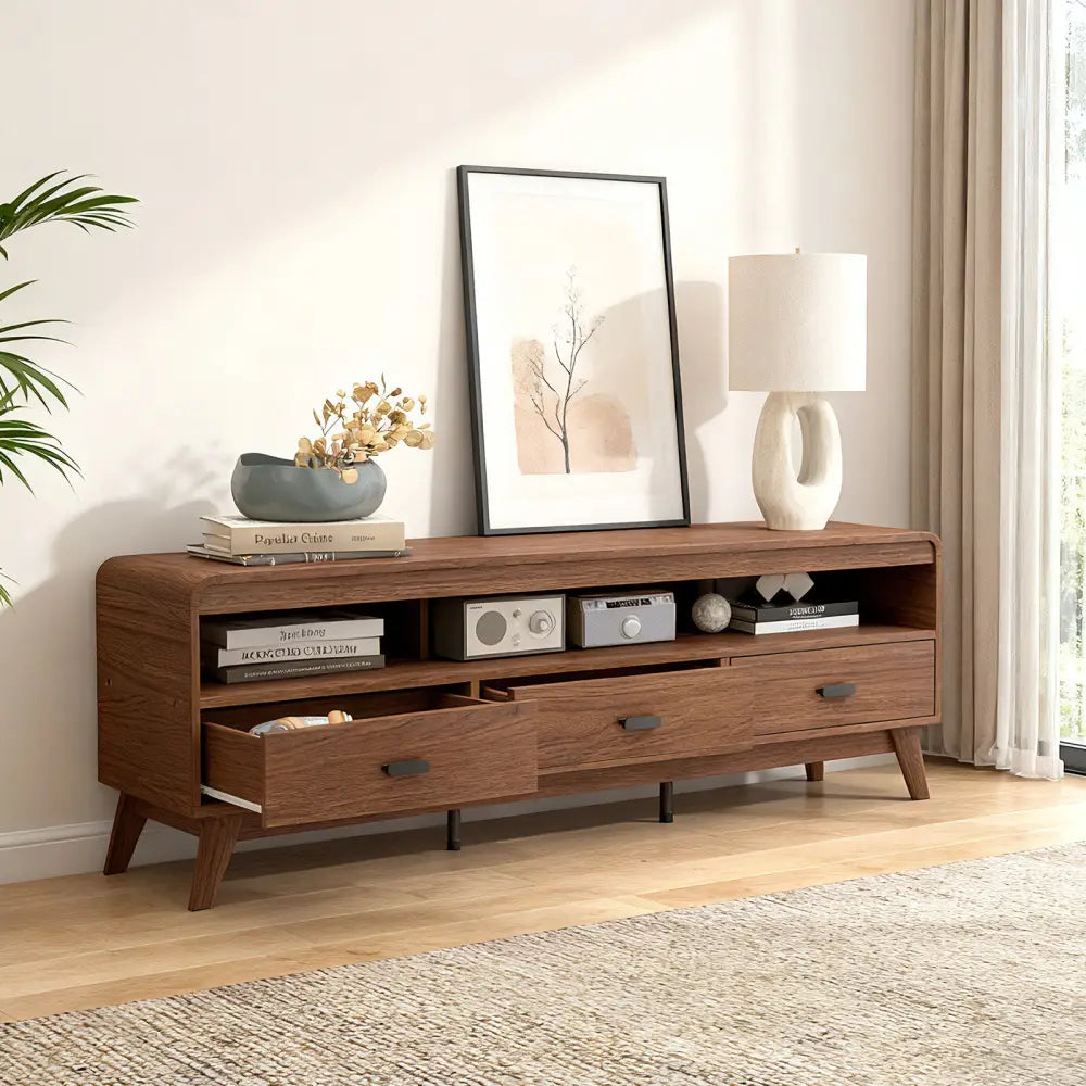 Mid Century Modern TV Stand for TVs up to 70’’ with 3 Storage Drawers and Open Shelves-Walnut - Walnut - Entertainment