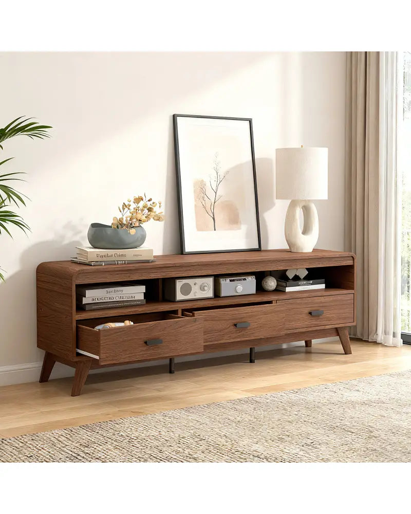 Mid Century Modern TV Stand for TVs up to 70’’ with 3 Storage Drawers and Open Shelves-Walnut - Walnut - Entertainment