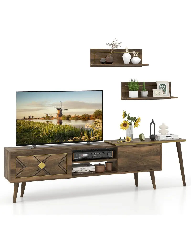Mid-century Modern TV Stand for TVs up to 85 Inch with Open Compartments-Walnut - Walnut - Entertainment Centers & TV