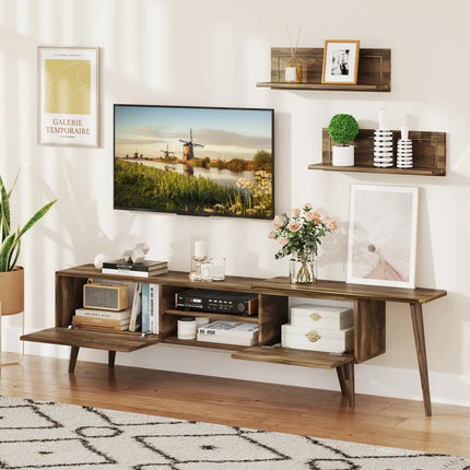 Mid-century Modern TV Stand for TVs up to 85 Inch with Open Compartments-Walnut - Walnut - Entertainment Centers & TV