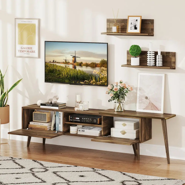 Mid-century Modern TV Stand for TVs up to 85 Inch with Open Compartments-Walnut - Walnut - Entertainment Centers & TV